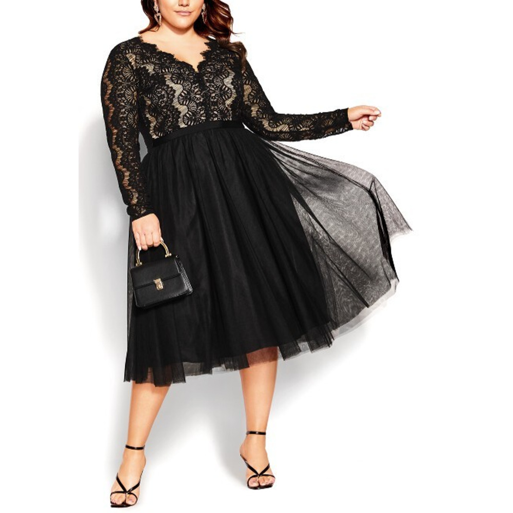 City Chic Rare Beauty Dress Lace Fit & Flare Black A Line Tulle XL Plus Size 22 - Picture 3 of 16